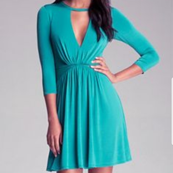 Bebe Long Sleeve Green Inset Waist Dress - Picture 2 of 2